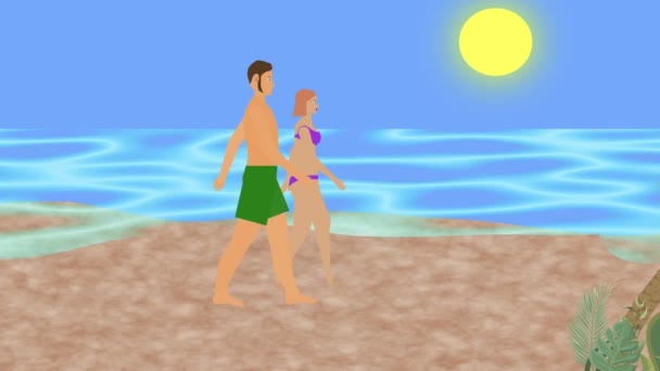 Caminhada Casal Praia Animação Desenhos Animados Plana Vista Mar Fundo — Vídeo de Stock