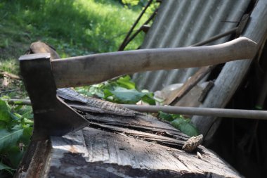 Kullanılmış balta kütüğe saplanmış, avluda, kırsal alanda.