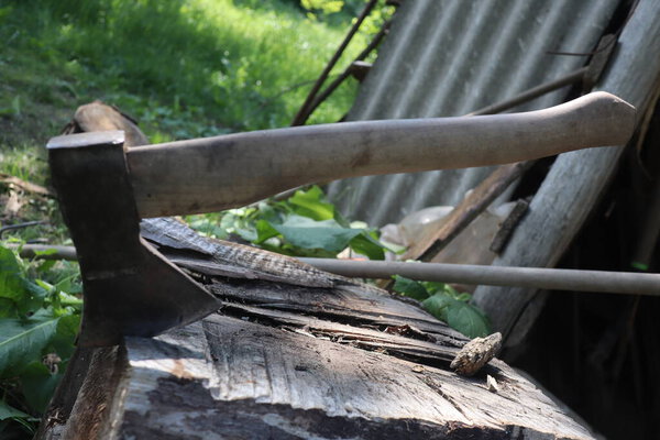 Используется топор топора застрял в пне дерева, во дворе, сельской местности