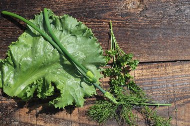 Kırsal masadaki yeşil sebzelerin üst görüntüsü, yakın çekim.