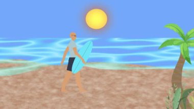 Elinde sörf tahtasıyla sahilde yürüyen bir adam, 2D düz animasyon.
