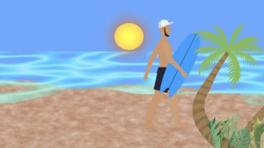 Elinde sörf tahtasıyla sahilde yürüyen bir adam, 2D düz animasyon.