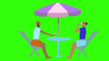 Yeşil ekranda rahatlayan ve içen bir adamın çizgi film animasyonu, plaj terası elementi.
