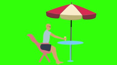 Yeşil ekranda rahatlayan ve içen bir adamın çizgi film animasyonu, plaj terası elementi.