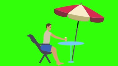 Yeşil ekranda rahatlayan ve içen bir adamın çizgi film animasyonu, plaj terası elementi.