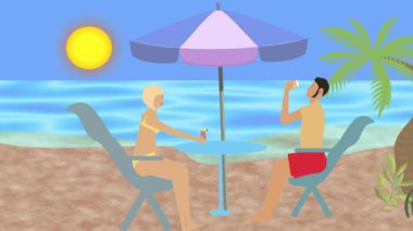 Sahilde dinlenen, terasta şemsiyenin altında içen, deniz manzaralı bir çiftin canlandırması.