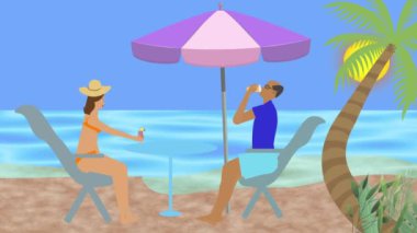 Sahilde dinlenen, terasta şemsiyenin altında içen, deniz manzaralı bir çiftin canlandırması.