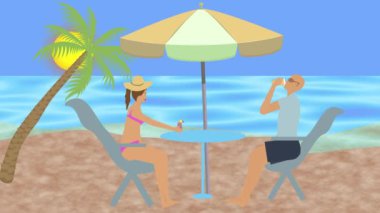 Sahilde dinlenen, terasta şemsiyenin altında içen, deniz manzaralı bir çiftin canlandırması.