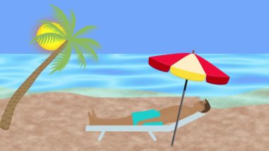 Şemsiyenin altında şezlongda dinlenen bir adam, plaj arka planı, 2 boyutlu düz animasyon.