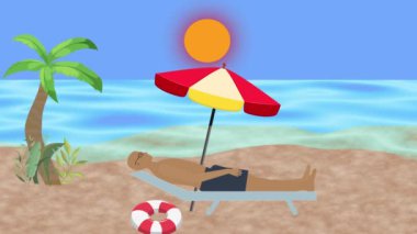 Şemsiyenin altında şezlongda dinlenen bir adam, plaj arka planı, 2 boyutlu düz animasyon.