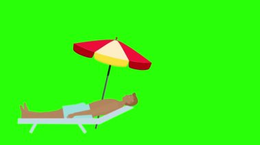 Şemsiyenin altındaki şezlongda dinlenen adam, yeşil ekran, 2 boyutlu düz animasyon.