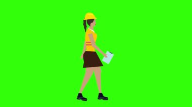 Kadın Mühendis yürüyüş döngüsü karakter animasyonu, yeşil ekran krom anahtarı