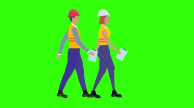Yeşil ekranda yürüyen kadın ve erkek mühendis animasyonu
