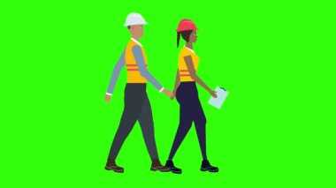 Yeşil ekranda yürüyen kadın ve erkek mühendis animasyonu