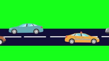 Yolda giden arabaların çizgi film animasyonu, yeşil ekran.