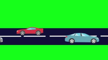 Yolda giden arabaların çizgi film animasyonu, yeşil ekran.