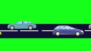 Yolda giden arabaların çizgi film animasyonu, yeşil ekran.
