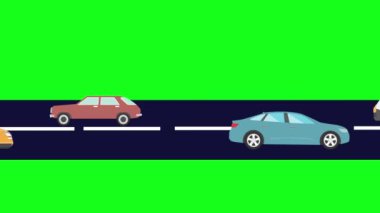 Yolda giden arabaların çizgi film animasyonu, yeşil ekran.