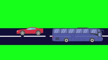 Yolda giden arabaların çizgi film animasyonu, yeşil ekran.