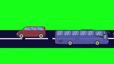 Yolda giden arabaların çizgi film animasyonu, yeşil ekran.