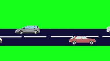 Yolda giden arabaların çizgi film animasyonu, yeşil ekran.