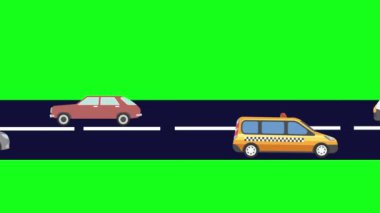 Yolda giden arabaların çizgi film animasyonu, yeşil ekran.