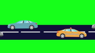 Yolda giden arabaların çizgi film animasyonu, yeşil ekran.