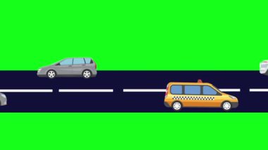 Yolda giden arabaların çizgi film animasyonu, yeşil ekran.