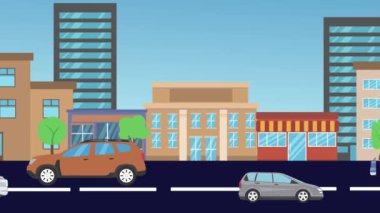 Şehir arkaplanının çizgi filmi. Arabalar yolda.