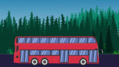 Yolda giden otobüs vagonunun animasyonu, arka planda orman alanı.
