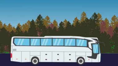 Yolda giden otobüs vagonunun animasyonu, arka planda orman alanı.