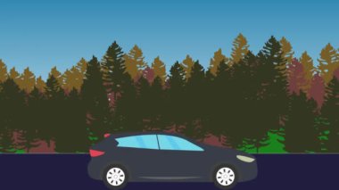 Hareket halindeki araba animasyonu, arka planda orman alanı.