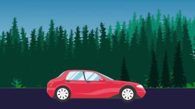 Hareket halindeki araba animasyonu, arka planda orman alanı.