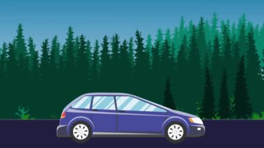Hareket halindeki araba animasyonu, arka planda orman alanı.