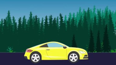 Hareket halindeki araba animasyonu, arka planda orman alanı.