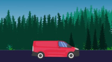 Hareket halindeki araba animasyonu, arka planda orman alanı.