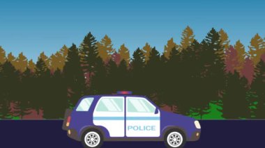 Hareket halindeki polis arabası animasyonu, arka planda orman alanı.