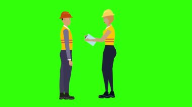 Erkek ve kadın işçilerle ilgili karakter animasyonu İnşaat mühendisleri, yeşil ekran