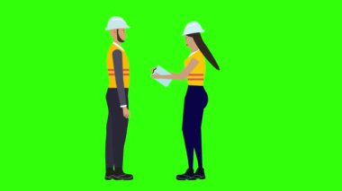 Erkek ve kadın işçilerle ilgili karakter animasyonu İnşaat mühendisleri, yeşil ekran