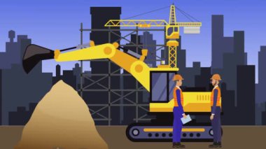İnşaat alanında çalışmak, şehrin sınırında mühendisler ve inşa makineleri animasyonlarıyla.