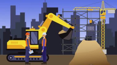 İnşaat alanında çalışmak, şehrin sınırında mühendisler ve inşa makineleri animasyonlarıyla.