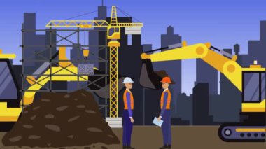 İnşaat alanında çalışmak, şehrin sınırında mühendisler ve inşa makineleri animasyonlarıyla.