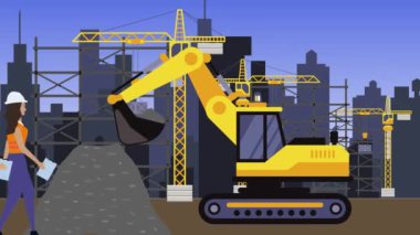 İnşaat alanında çalışmak, şehrin sınırında mühendisler ve inşa makineleri animasyonlarıyla.