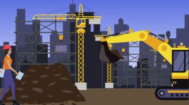 İnşaat alanında çalışmak, şehrin sınırında mühendisler ve inşa makineleri animasyonlarıyla.