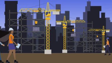 İnşaat alanında çalışmak, şehrin sınırında mühendisler ve inşa makineleri animasyonlarıyla.