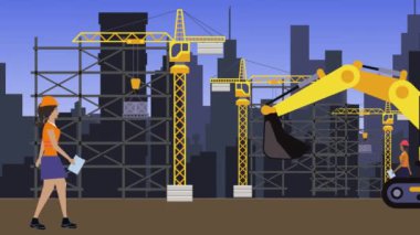İnşaat alanında çalışmak, şehrin sınırında mühendisler ve inşa makineleri animasyonlarıyla.