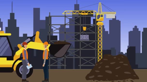 Working on Construction site, on the edge of town with engineers and building machines animation