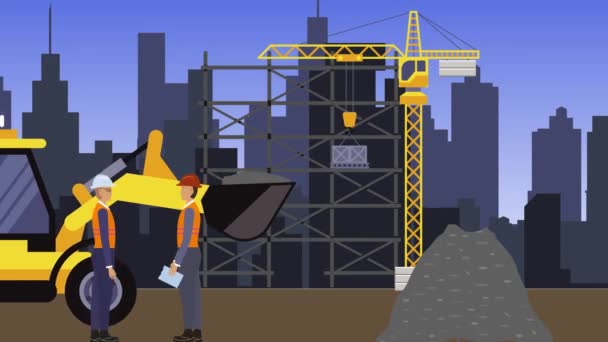 Working on Construction site, on the edge of town with engineers and building machines animation