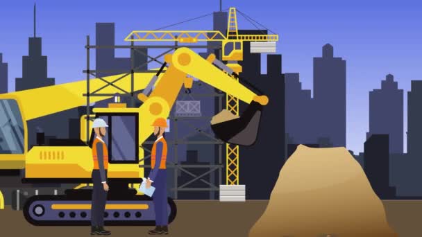 Working on Construction site, on the edge of town with engineers and building machines animation