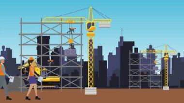 Çizgi film animasyonunun kenarında çalışan inşaat ekibi.